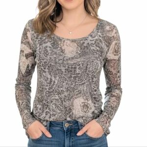 prAna Rapture Top Granola Sustainable Womens Small Y2K Fairy Forest Cotton Grey